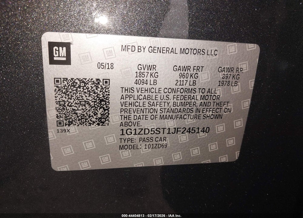 2018 CHEVROLET MALIBU LT VIN: 1G1ZD5ST1JF245140