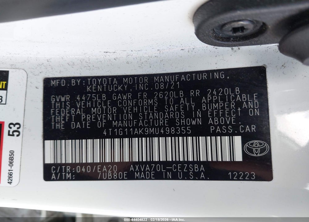 2021 TOYOTA CAMRY SE VIN: 4T1G11AK9MU498355