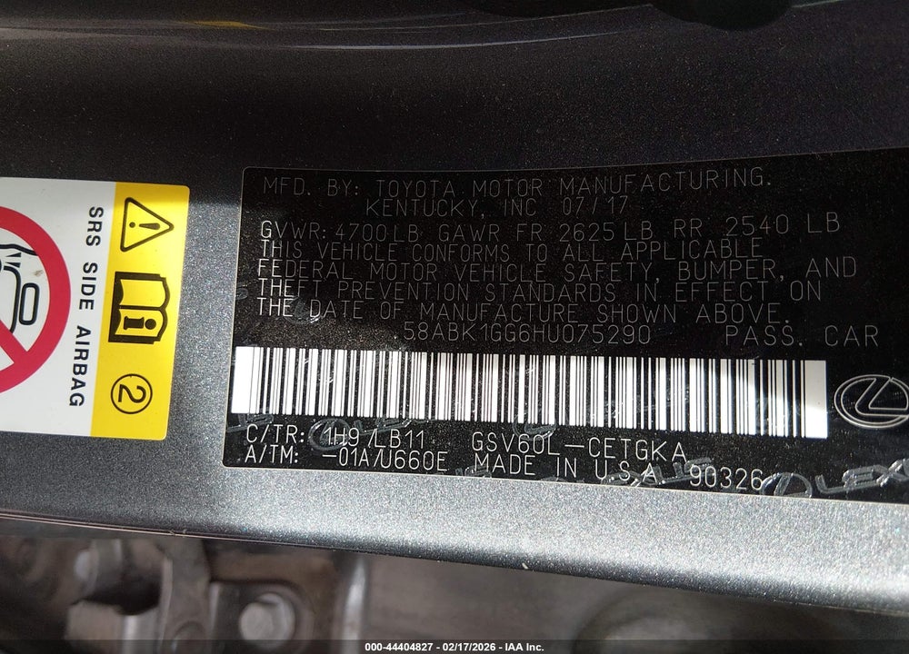 2017 LEXUS ES 350 VIN: 58ABK1GG6HU075290