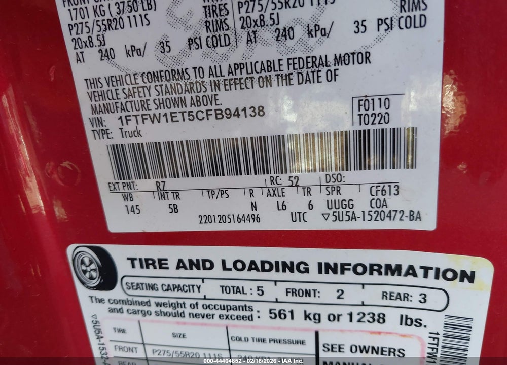 2012 FORD F-150 FX4 VIN: 1FTFW1ET5CFB94138