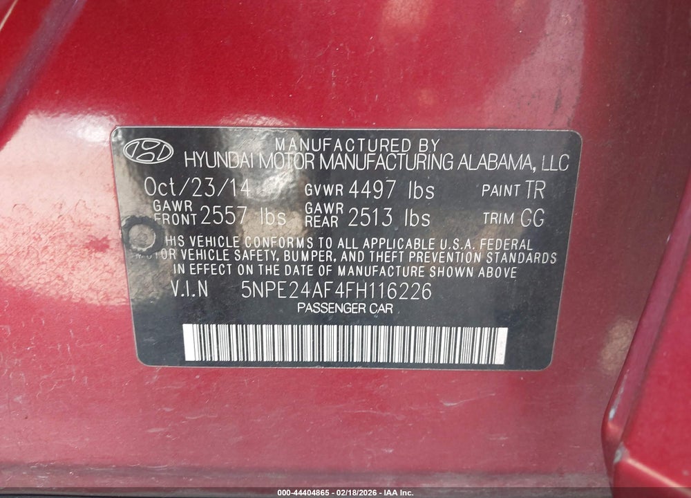 2015 HYUNDAI SONATA SE VIN: 5NPE24AF4FH116226