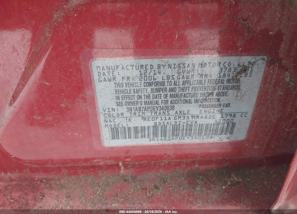 2014 NISSAN SENTRA SV VIN: 3N1AB7AP0EY340638