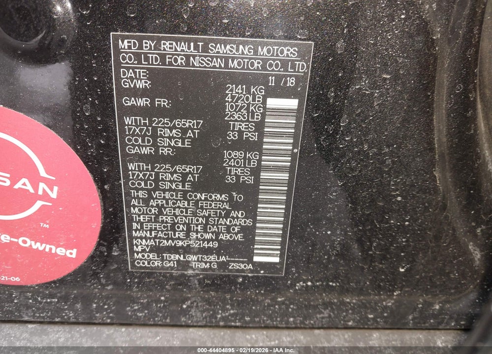 2019 NISSAN ROGUE SV VIN: KNMAT2MV9KP521449