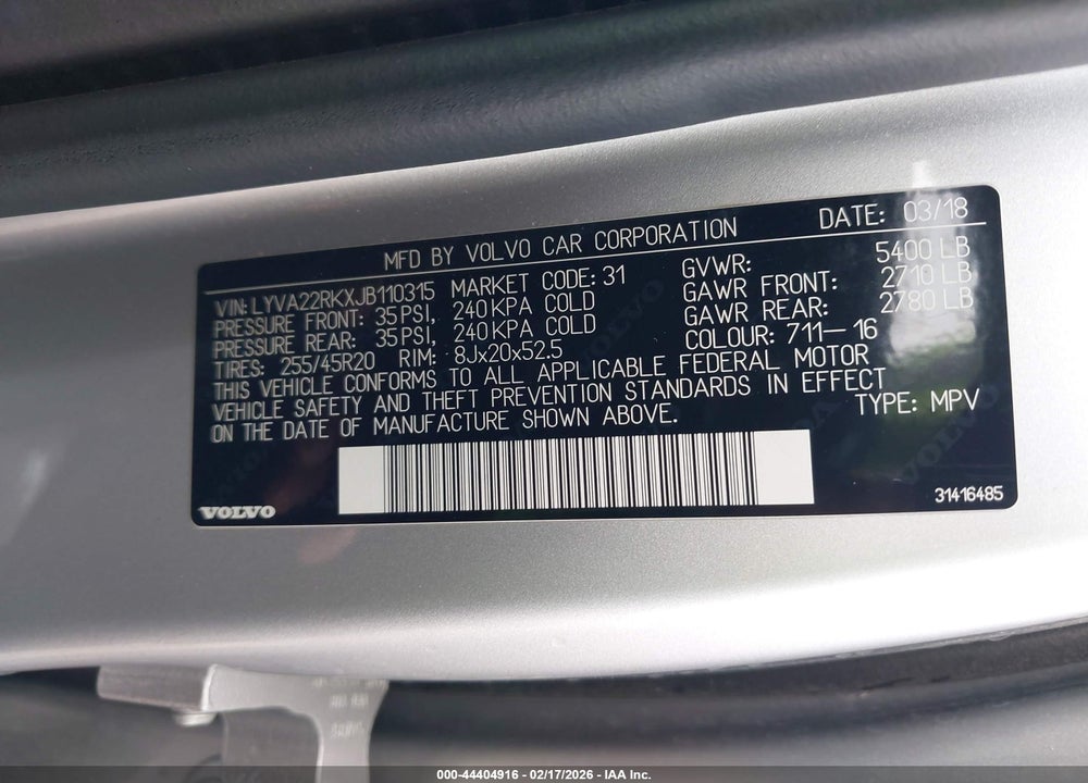 2018 VOLVO XC60 T6 MOMENTUM VIN: LYVA22RKXJB110315