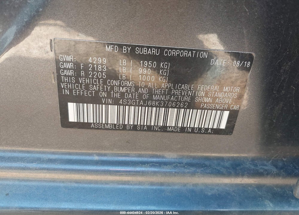 2019 SUBARU IMPREZA 2.0I SPORT VIN: 4S3GTAJ68K3706262