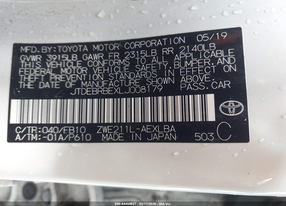 2020 TOYOTA COROLLA HYBRID LE VIN: JTDEBRBEXLJ008179