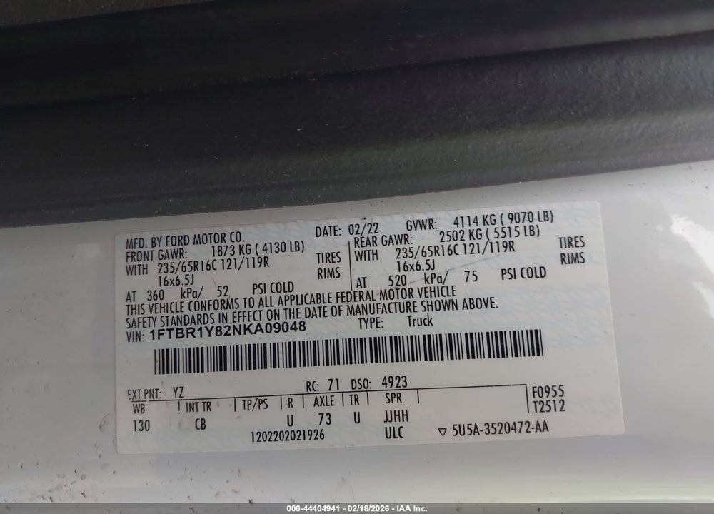 2022 FORD TRANSIT-250 VIN: 1FTBR1Y82NKA09048