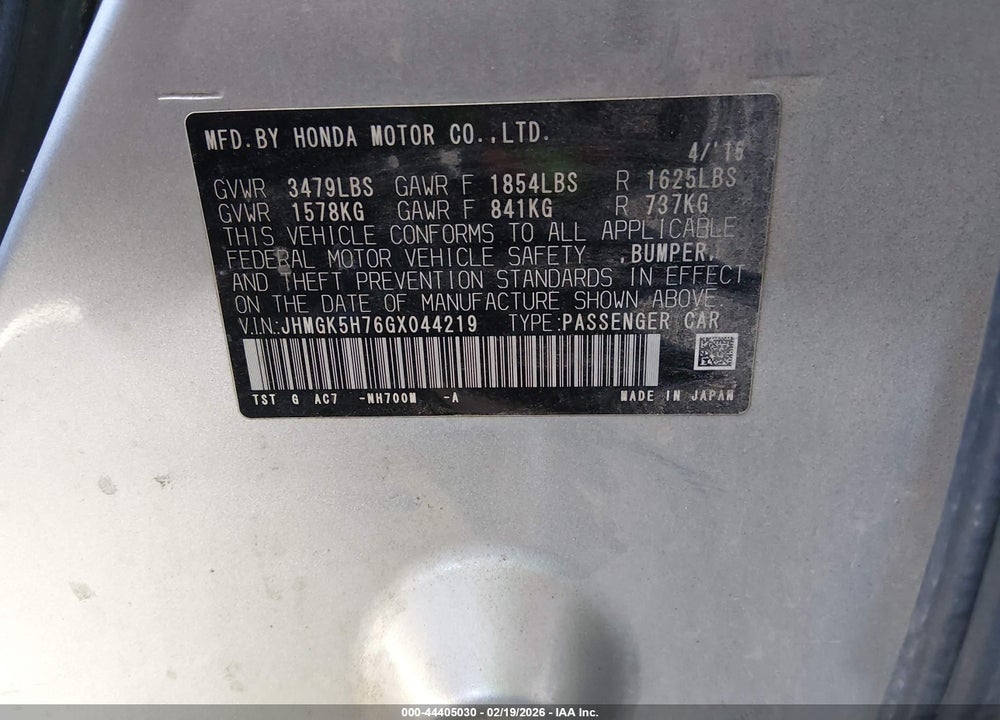2016 HONDA FIT EX VIN: JHMGK5H76GX044219