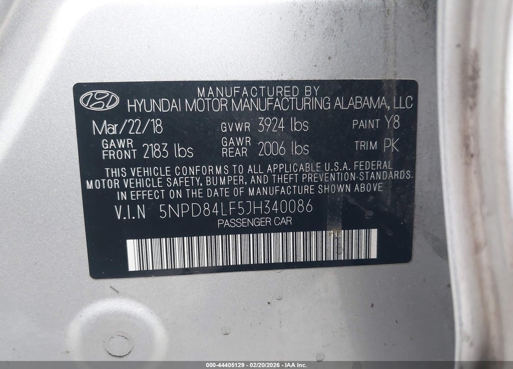 2018 HYUNDAI ELANTRA SEL VIN: 5NPD84LF5JH340086