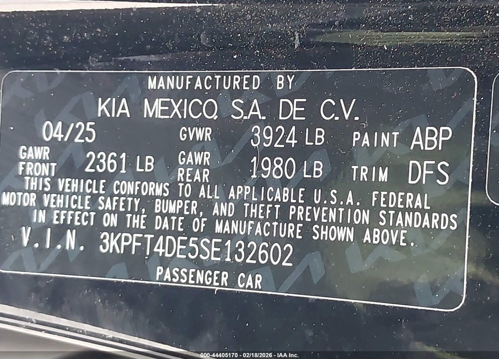 2025 KIA K4 LX VIN: 3KPFT4DE5SE132602