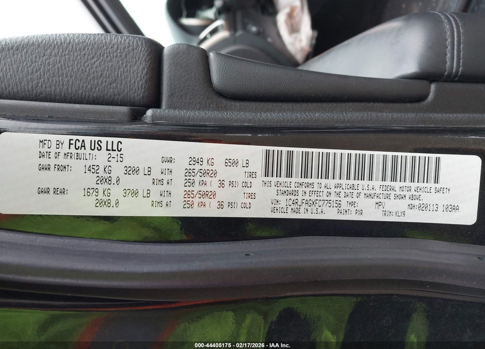 2015 JEEP GRAND CHEROKEE ALTITUDE VIN: 1C4RJFAGXFC775156