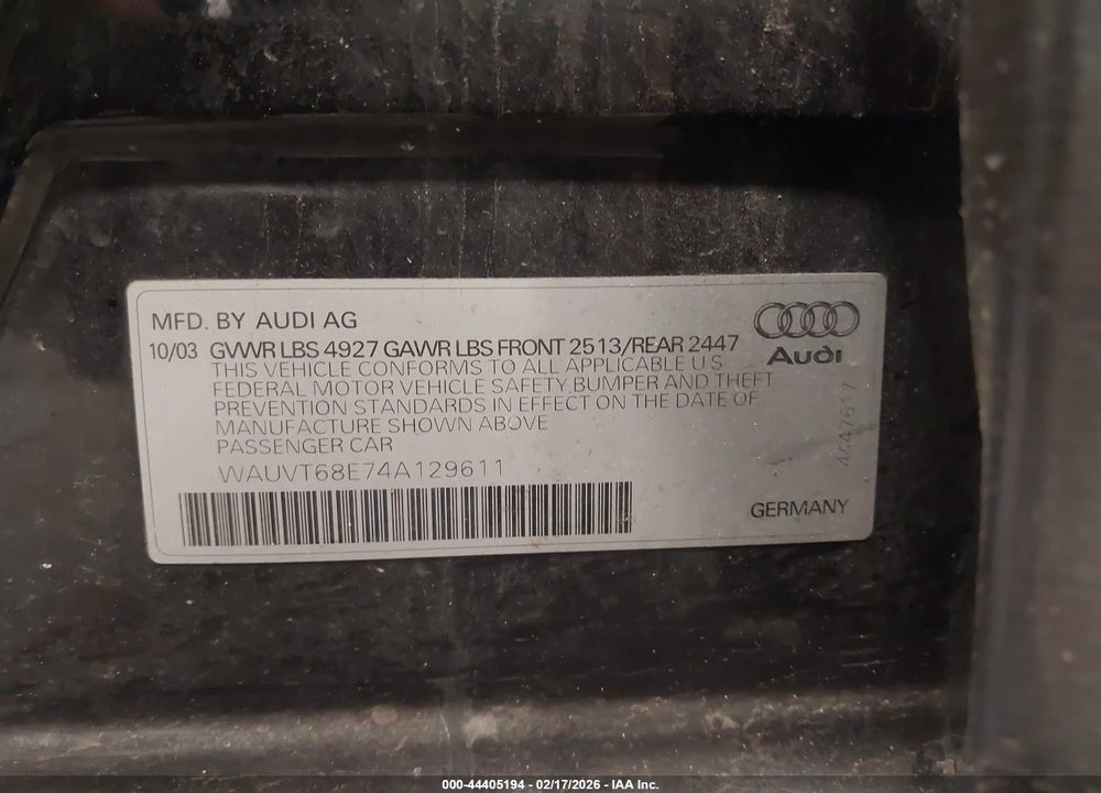 2004 AUDI A4 3.0 AVANT VIN: WAUVT68E74A129611