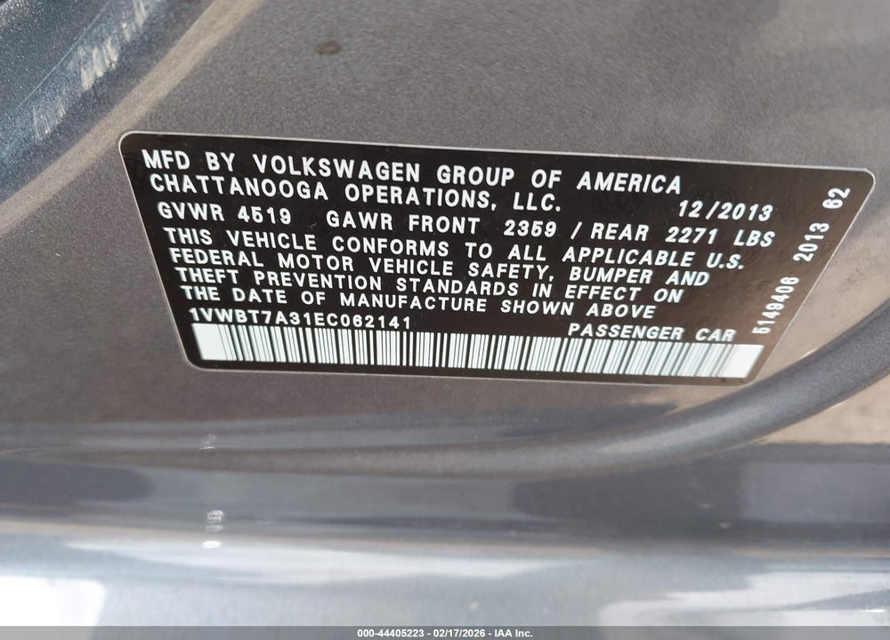 2014 VOLKSWAGEN PASSAT 1.8T SE VIN: 1VWBT7A31EC062141