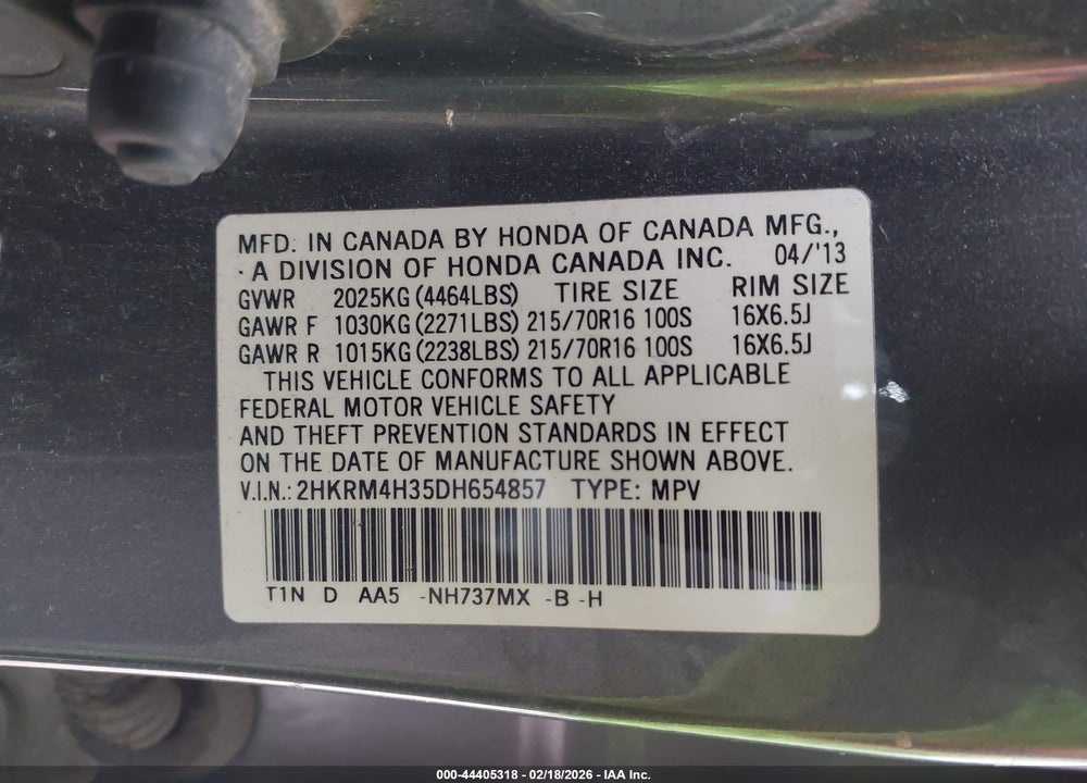 2013 HONDA CR-V LX VIN: 2HKRM4H35DH654857
