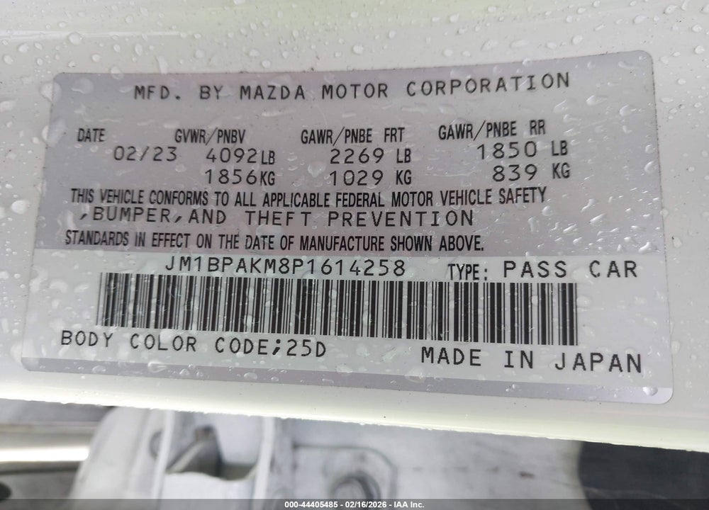 2023 MAZDA 3 2.5 S SELECT VIN: JM1BPAKM8P1614258