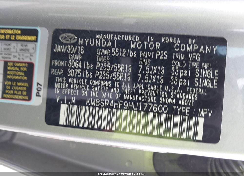 2017 HYUNDAI SANTA FE LIMITED ULTIMATE VIN: KM8SR4HF9HU177600