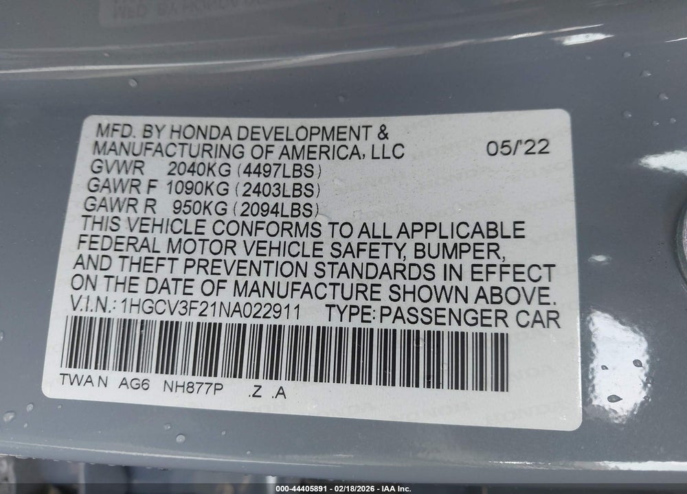 2022 HONDA ACCORD HYBRID SPORT VIN: 1HGCV3F21NA022911