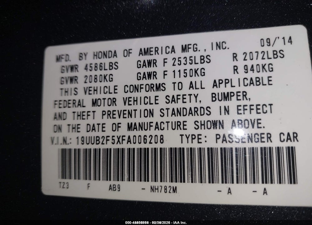 2015 ACURA TLX V6 TECH VIN: 19UUB2F5XFA006208