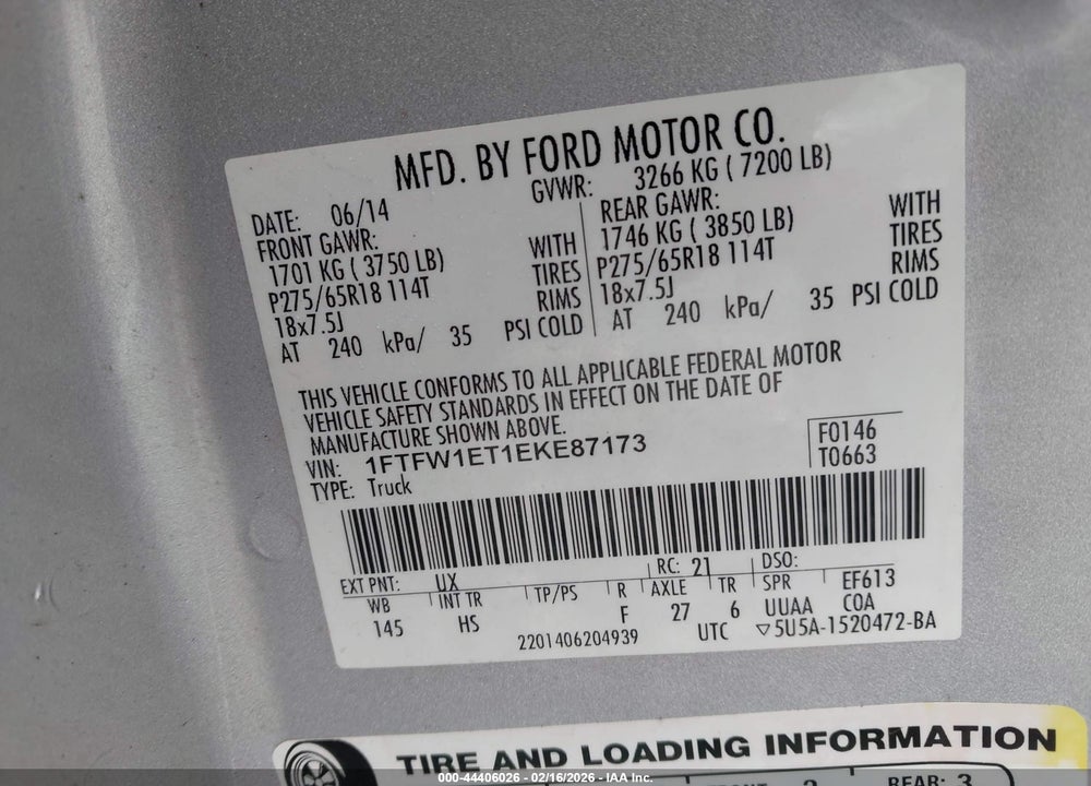 2014 FORD F-150 LARIAT VIN: 1FTFW1ET1EKE87173