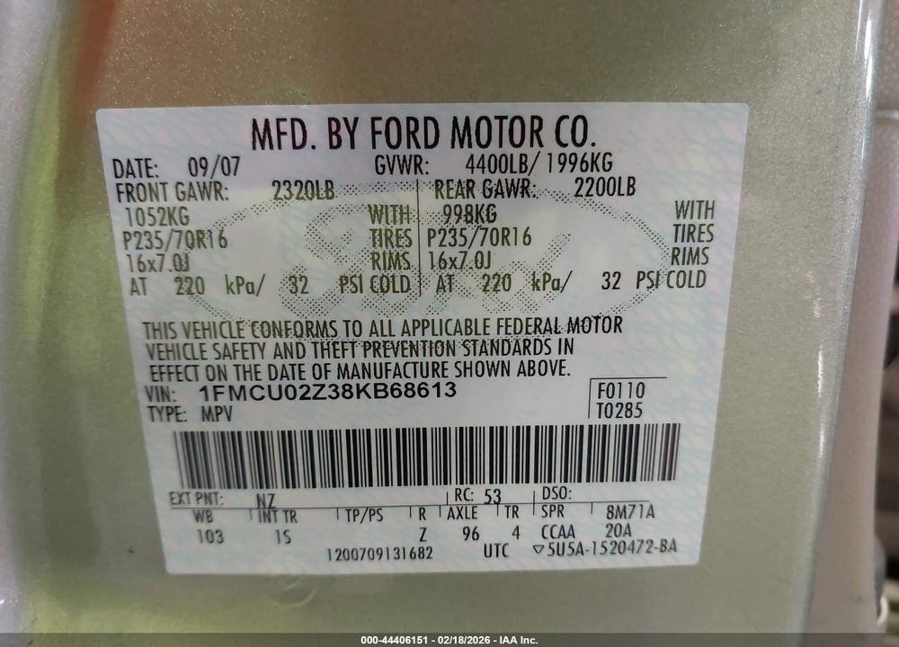 2008 FORD ESCAPE XLS/XLS MANUAL VIN: 1FMCU02Z38KB68613
