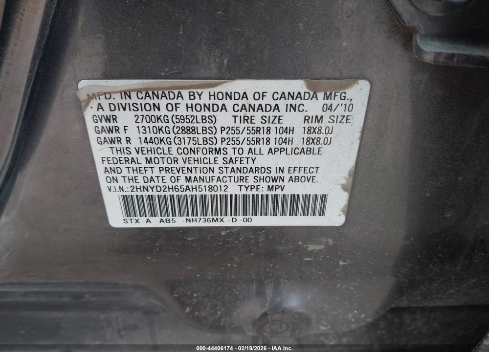 2010 ACURA MDX TECHNOLOGY PACKAGE VIN: 2HNYD2H65AH518012