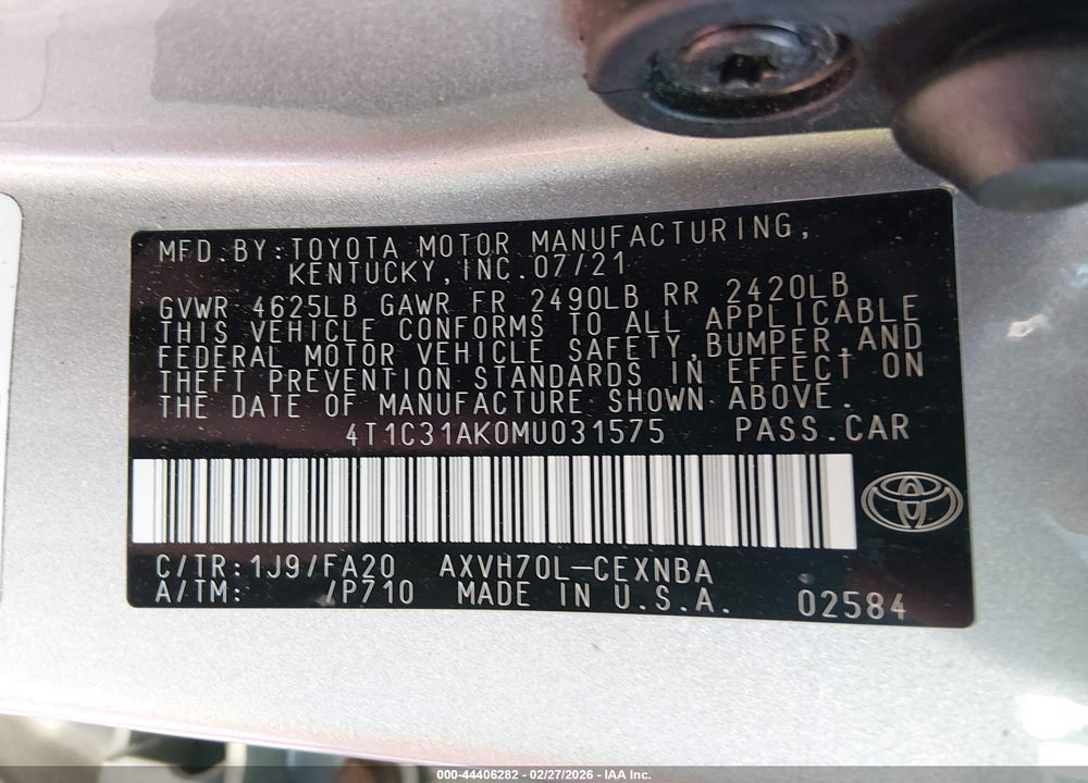 2021 TOYOTA CAMRY LE HYBRID VIN: 4T1C31AK0MU031575