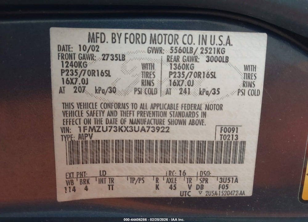 2003 FORD EXPLORER NBX/XLT VIN: 1FMZU73KX3UA73922