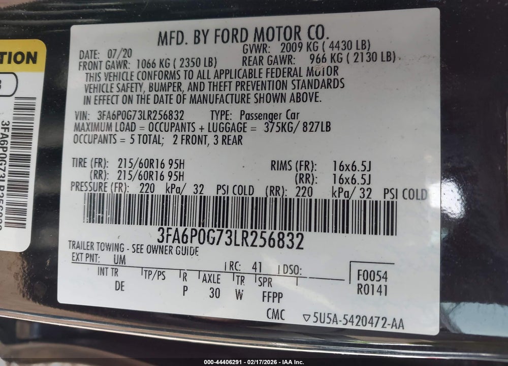 2020 FORD FUSION S VIN: 3FA6P0G73LR256832