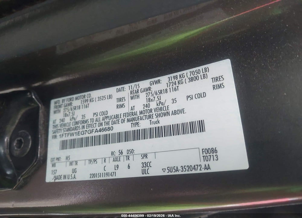 2016 FORD F-150 XLT VIN: 1FTFW1EG7GFA46680