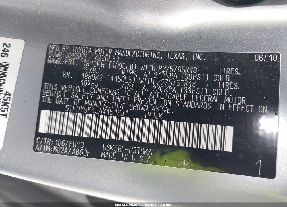 2010 TOYOTA TUNDRA GRADE 5.7L V8 VIN: 5TFDY5F19AX151631