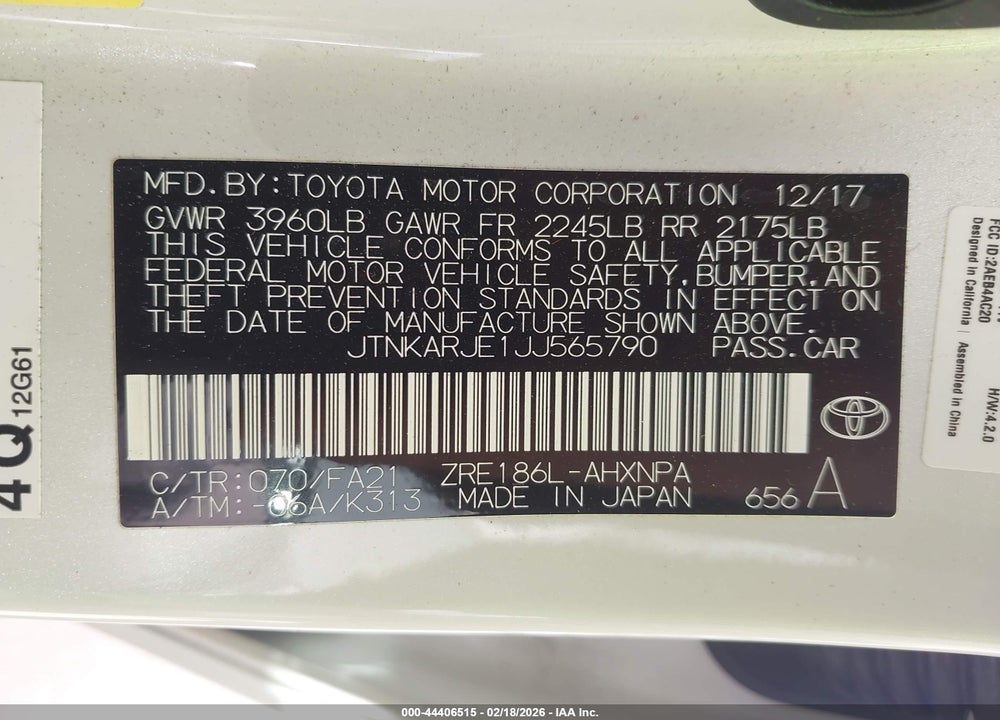 2018 TOYOTA COROLLA IM VIN: JTNKARJE1JJ565790