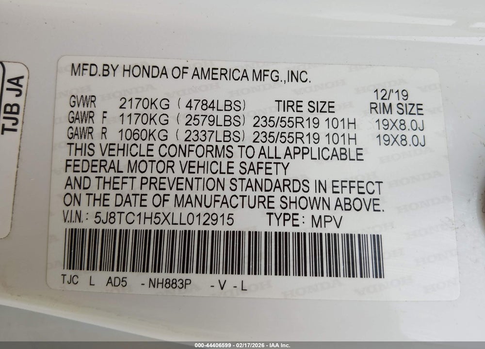 2020 ACURA RDX TECHNOLOGY PACKAGE VIN: 5J8TC1H5XLL012915