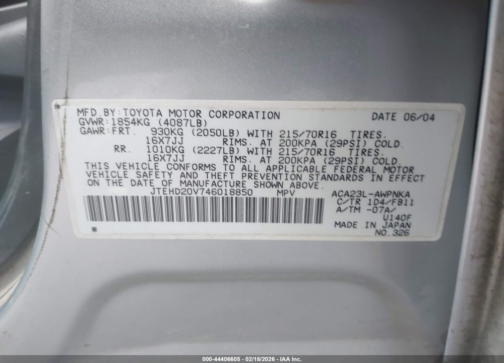 2004 TOYOTA RAV4 VIN: JTEHD20V746018850