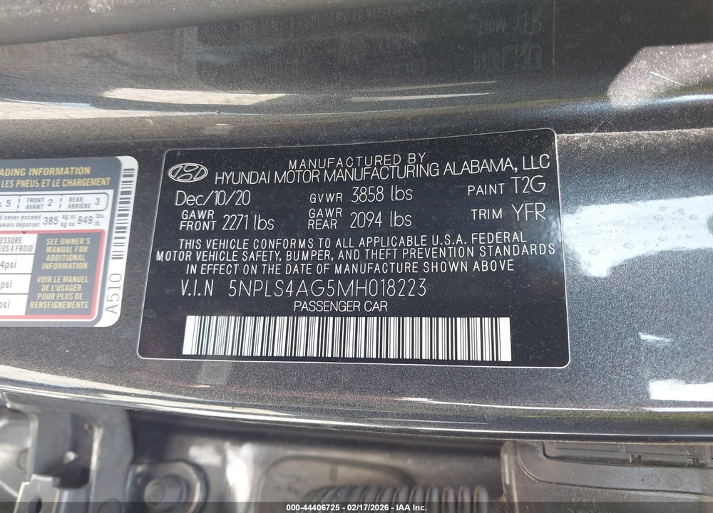 2021 HYUNDAI ELANTRA SEL VIN: 5NPLS4AG5MH018223