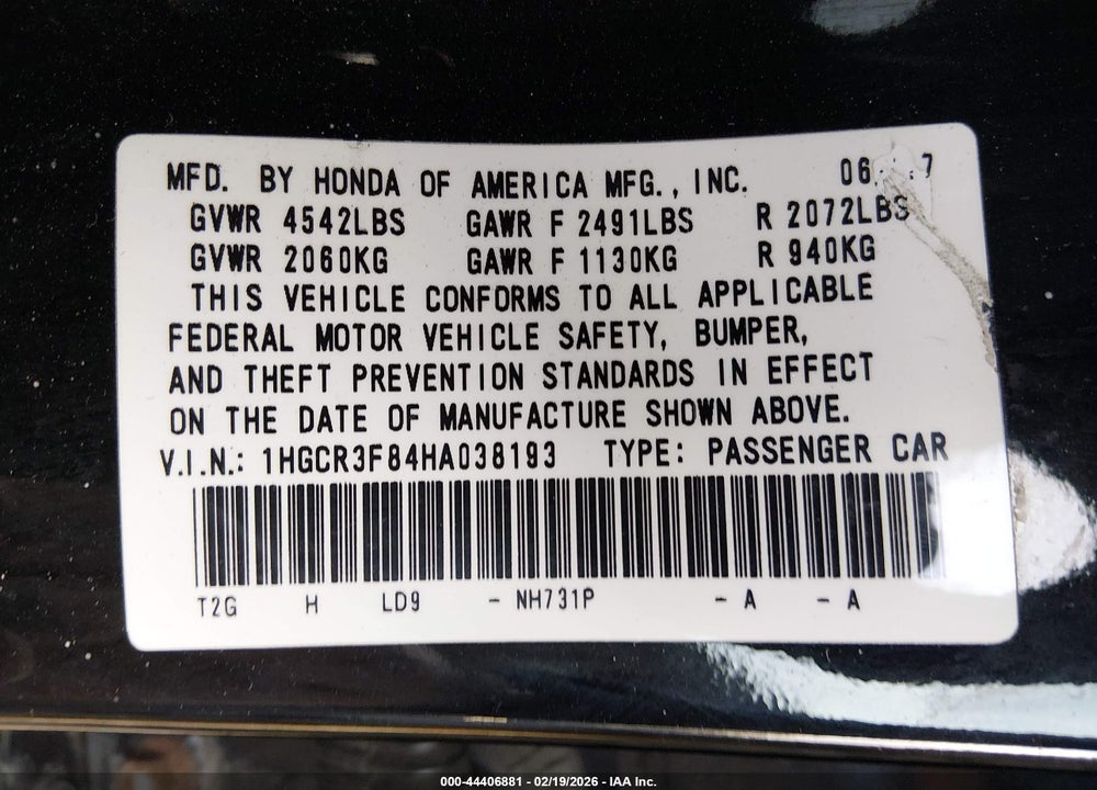 2017 HONDA ACCORD EX-L V6 VIN: 1HGCR3F84HA038193