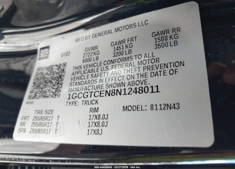 2022 CHEVROLET COLORADO 4WD  SHORT BOX LT VIN: 1GCGTCEN8N1248011