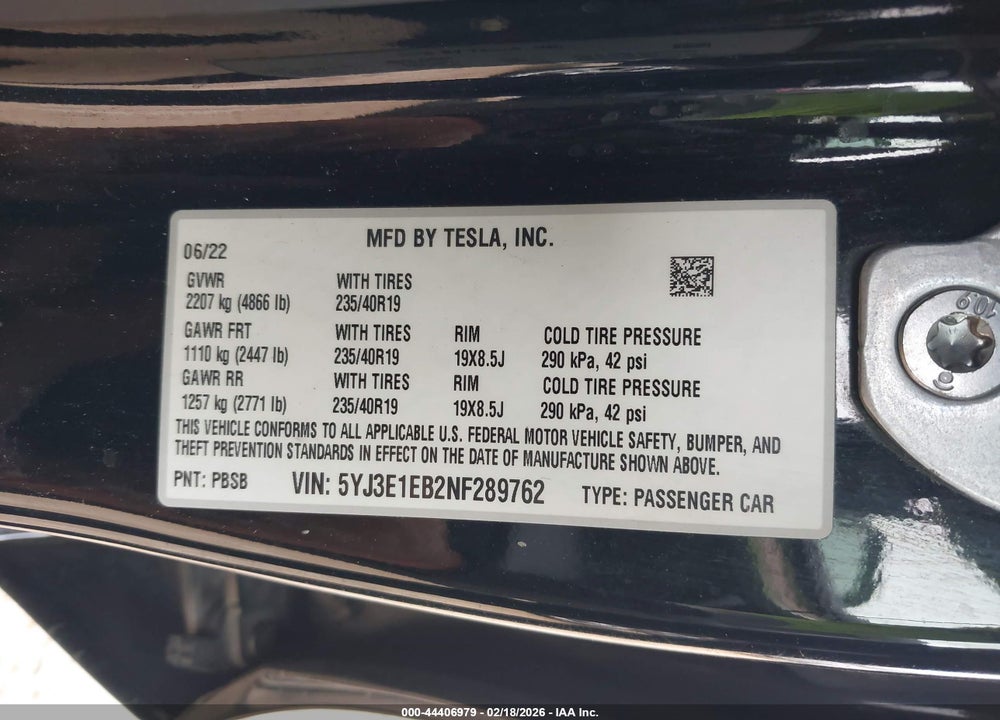2022 TESLA MODEL 3 LONG RANGE DUAL MOTOR ALL-WHEEL DRIVE VIN: 5YJ3E1EB2NF289762