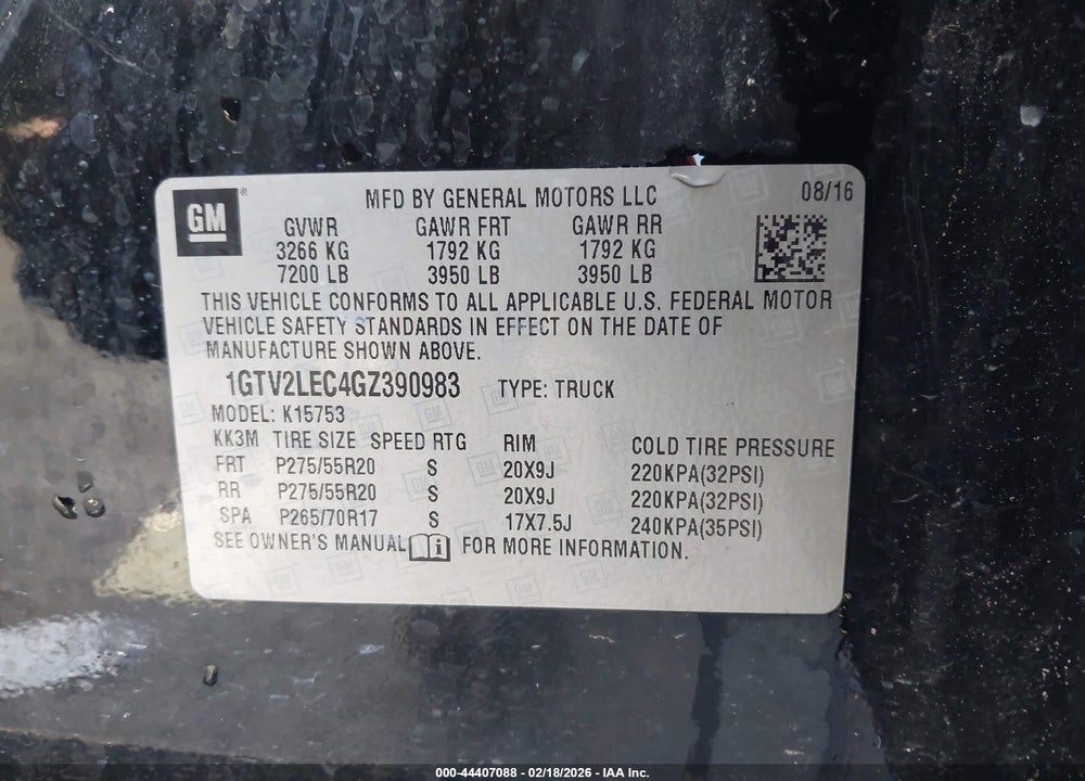 2016 GMC SIERRA 1500 VIN: 1GTV2LEC4GZ390983