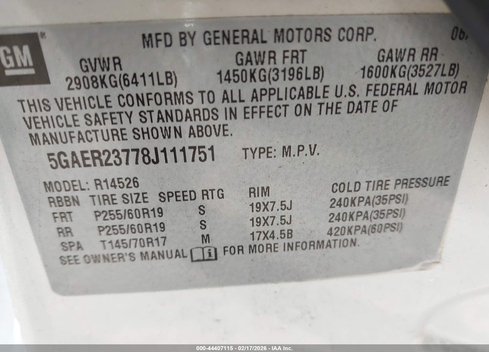 2008 BUICK ENCLAVE CXL VIN: 5GAER23778J111751