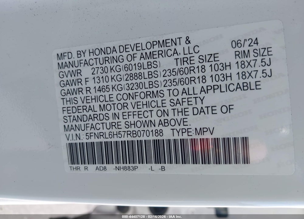 2024 HONDA ODYSSEY EX VIN: 5FNRL6H57RB070188