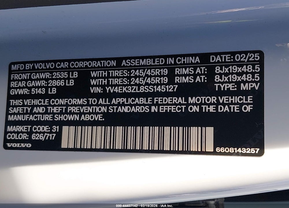 2025 VOLVO EX30 ULTRA TWIN MOTOR PERFORMANCE, FULLY ELECTRIC VIN: YV4EK3ZL8SS145127