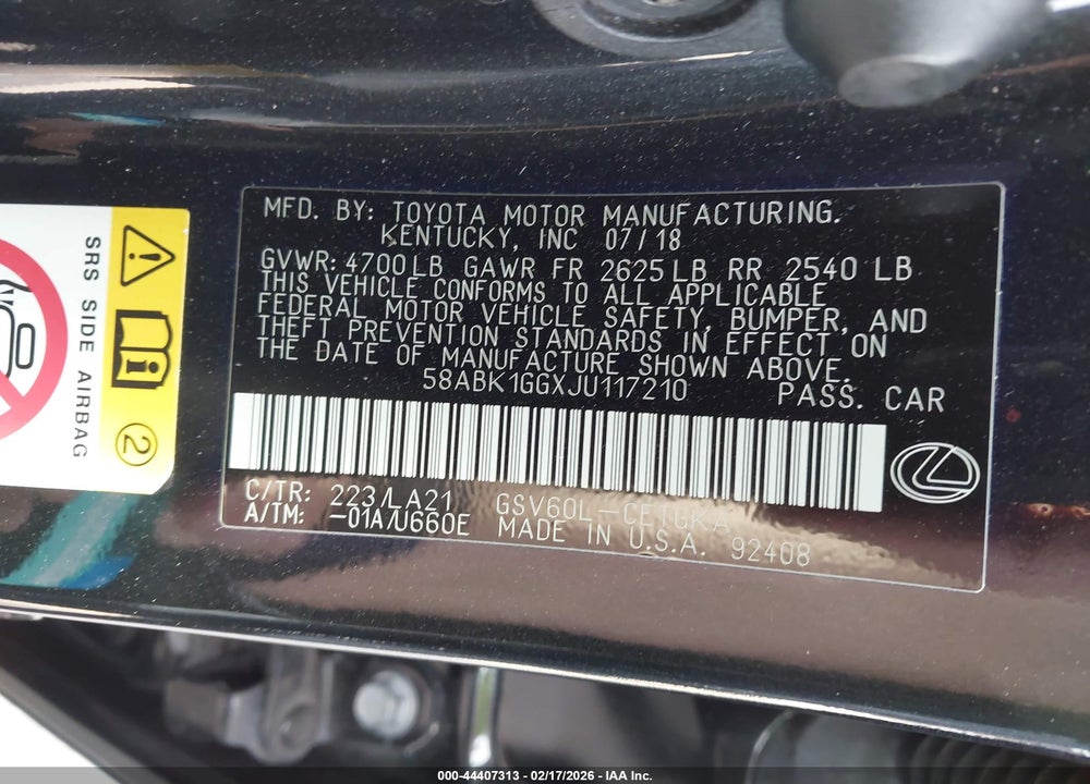 2018 LEXUS ES 350 VIN: 58ABK1GGXJU117210