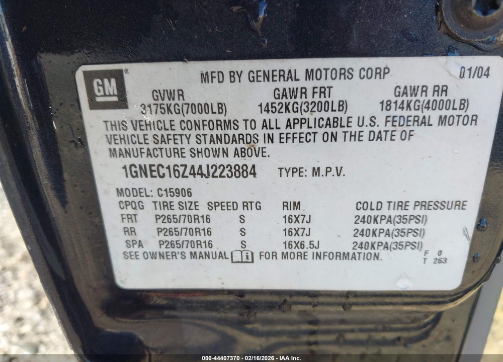 2004 CHEVROLET SUBURBAN 1500 LS VIN: 1GNEC16Z44J223884