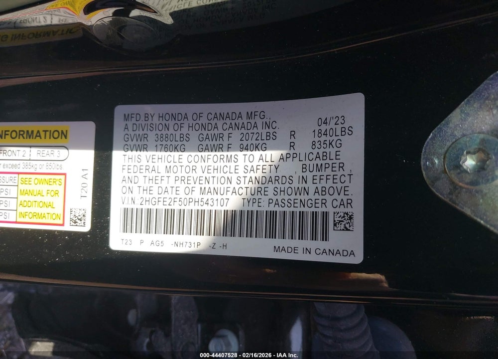 2023 HONDA CIVIC SPORT VIN: 2HGFE2F50PH543107