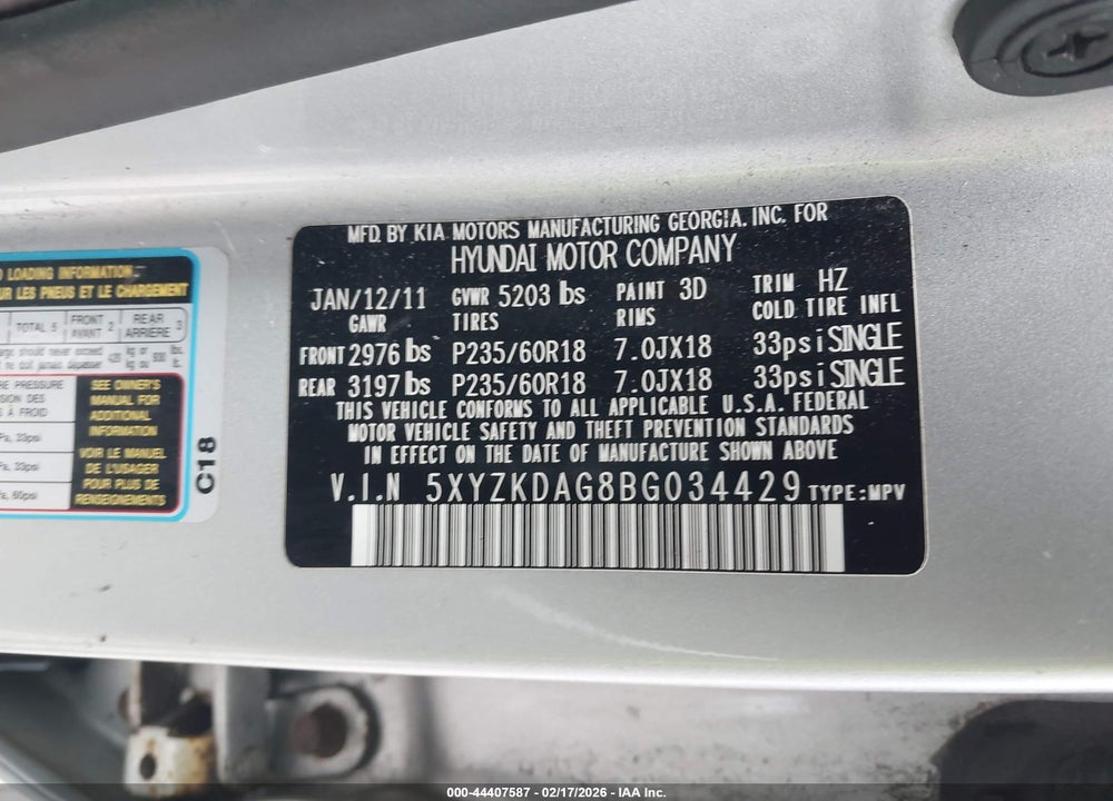 2011 HYUNDAI SANTA FE LIMITED V6 VIN: 5XYZKDAG8BG034429