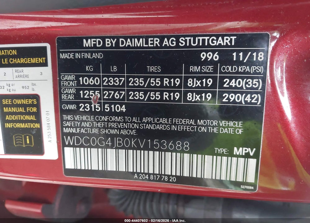 2019 MERCEDES-BENZ GLC 300 VIN: WDC0G4JB0KV153688