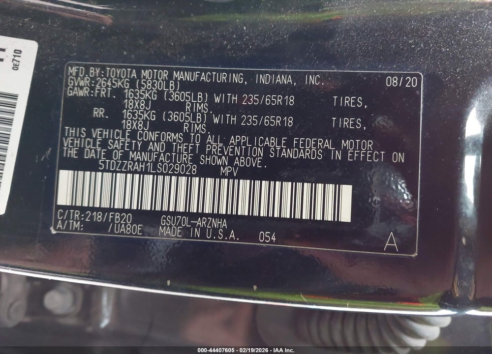 2020 TOYOTA HIGHLANDER LE VIN: 5TDZZRAH1LS029028