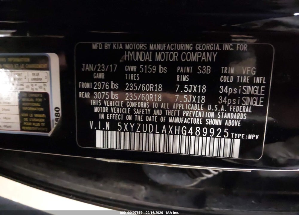 2017 HYUNDAI SANTA FE SPORT 2.0T VIN: 5XYZUDLAXHG489925