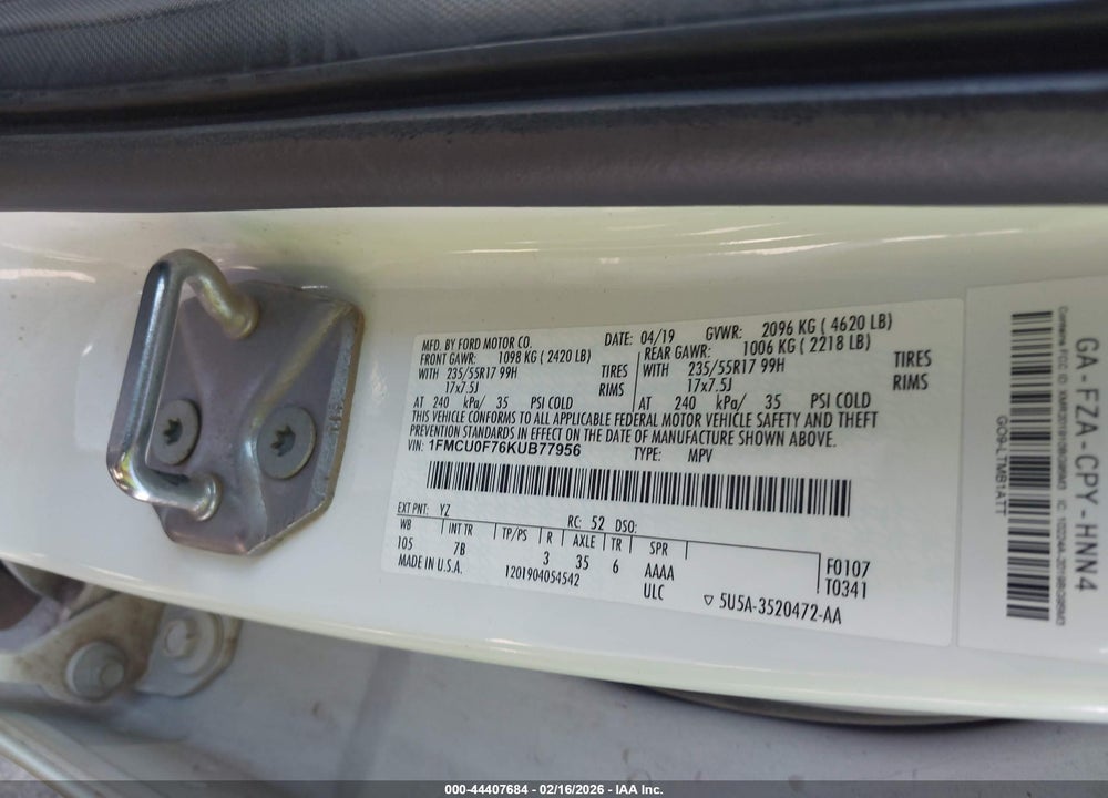 2019 FORD ESCAPE S VIN: 1FMCU0F76KUB77956