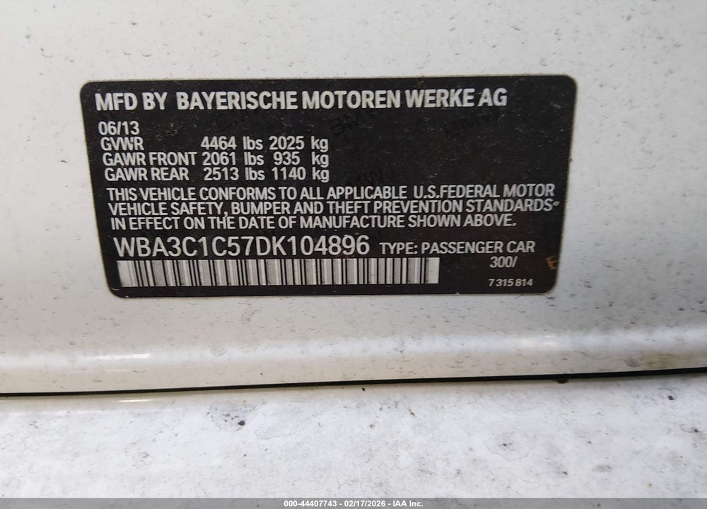 2013 BMW 328I VIN: WBA3C1C57DK104896